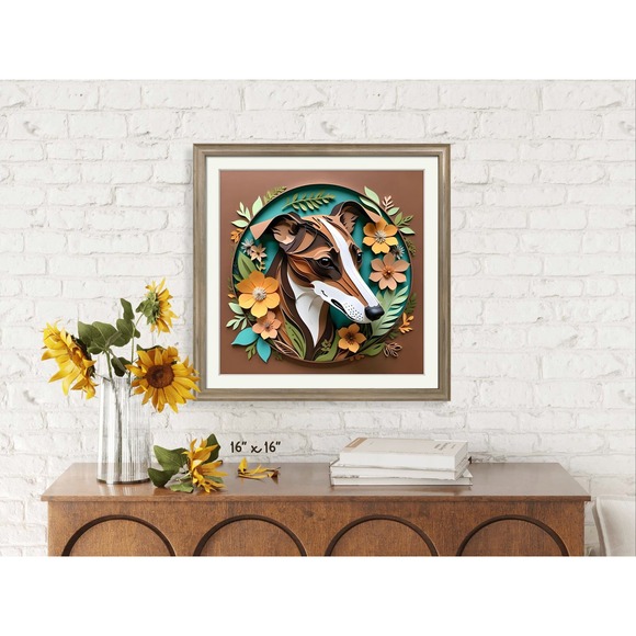 Greyhound Papercut Art: 12x12 Brindle Dog Pet Portrait Digital Print, Whippet - Picture 4 of 7
